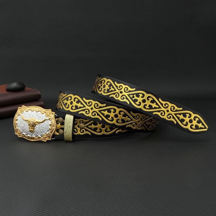 Men's Bull Bronzing Floral Embossed Print Leather Belt - image 2