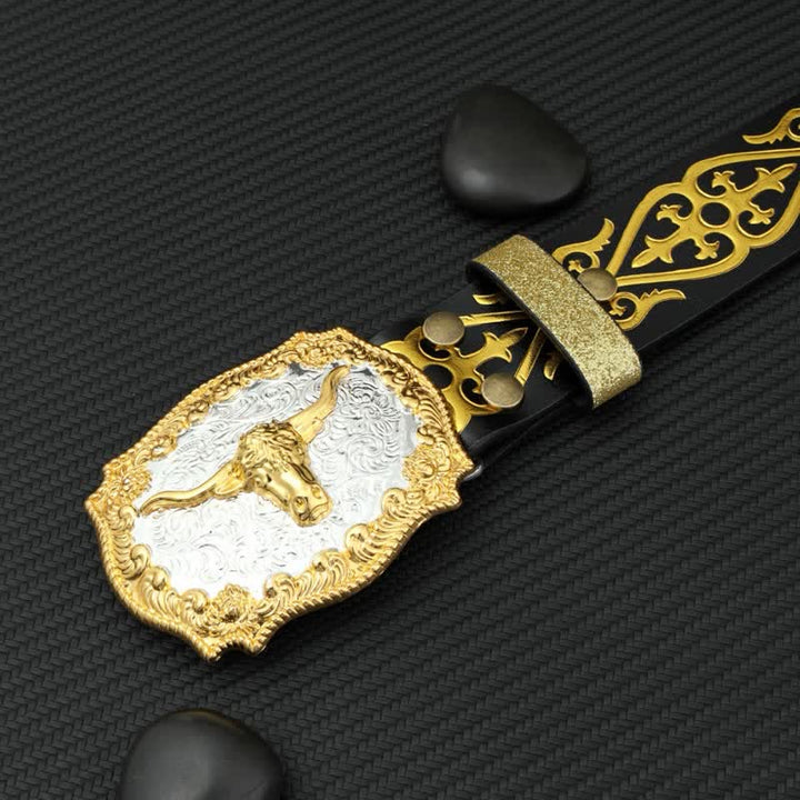 Men's Bull Bronzing Floral Embossed Print Leather Belt - image 4