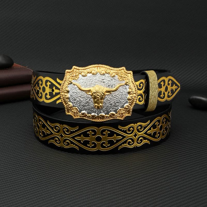 Men's Bull Bronzing Floral Embossed Print Leather Belt - Bull - 42 - image 0