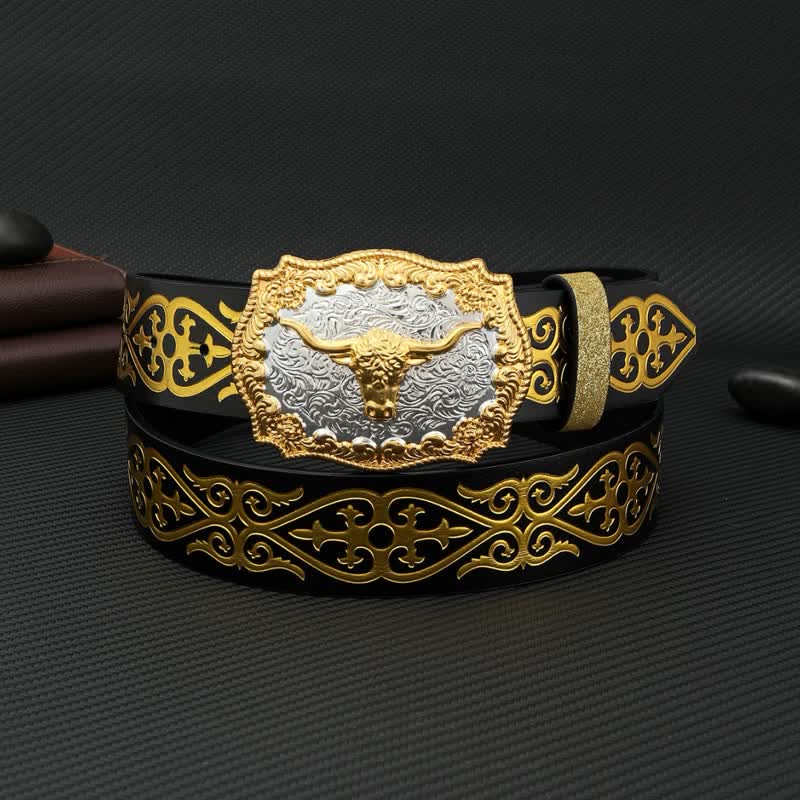 Men's Bull Bronzing Floral Embossed Print Leather Belt - Bull - 42 - image 0