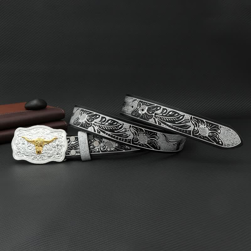 Men's Bull Black Silver Floral Embossed Print Leather Belt - image 2