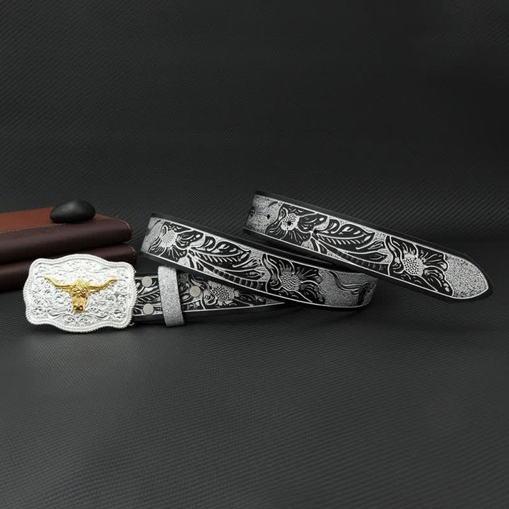 Men's Bull Black Silver Floral Embossed Print Leather Belt - image 2