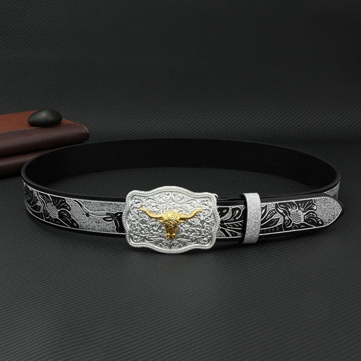 Men's Bull Black Silver Floral Embossed Print Leather Belt - image 3
