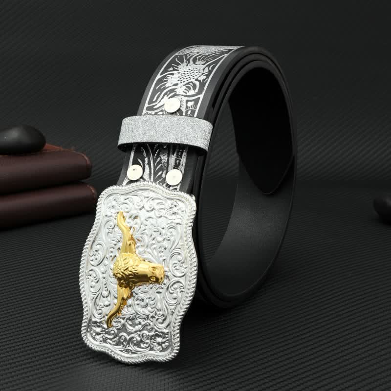 Men's Bull Black Silver Floral Embossed Print Leather Belt - image 1