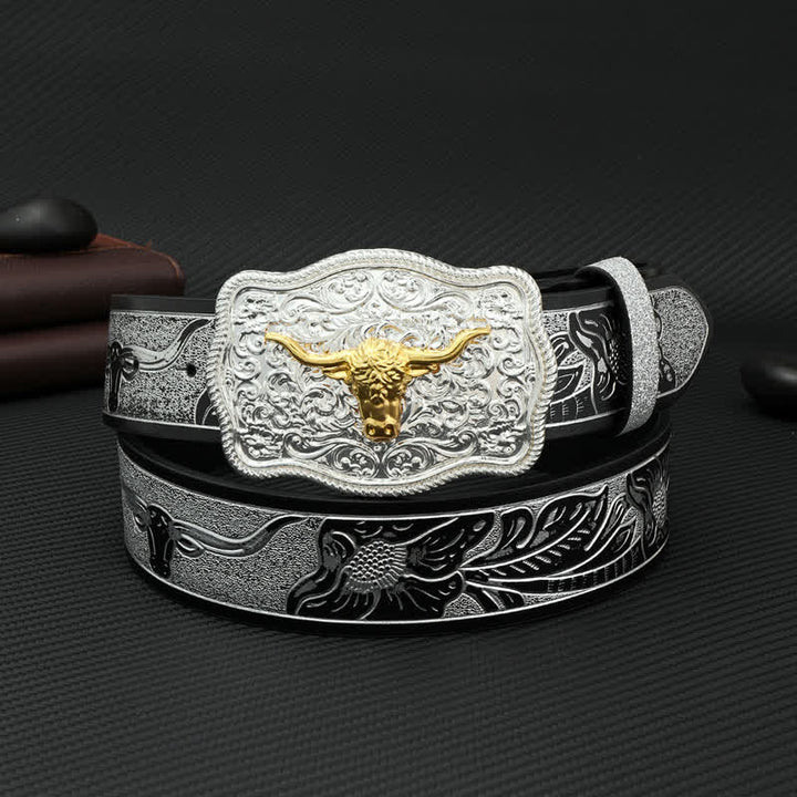 Men's Bull Black Silver Floral Embossed Print Leather Belt - Bull - 42 - image 0