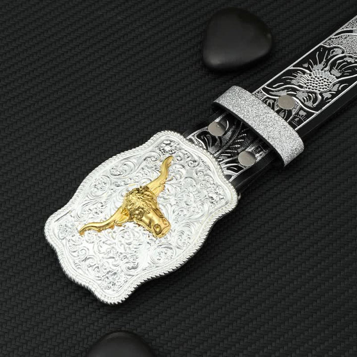 Men's Bull Black Silver Floral Embossed Print Leather Belt - image 4