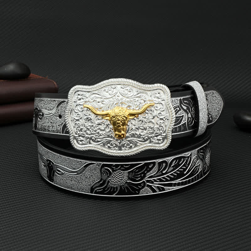 Men's Bull Black Silver Floral Embossed Print Leather Belt - Bull - 42 - image 0