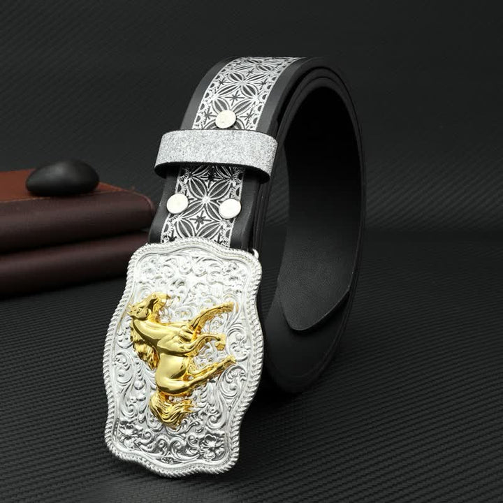 Men's Running Horse Silver Weave Embossed Leather Belt - image 1