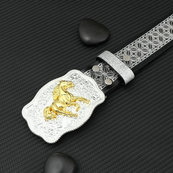 Men's Running Horse Silver Weave Embossed Leather Belt - image 4