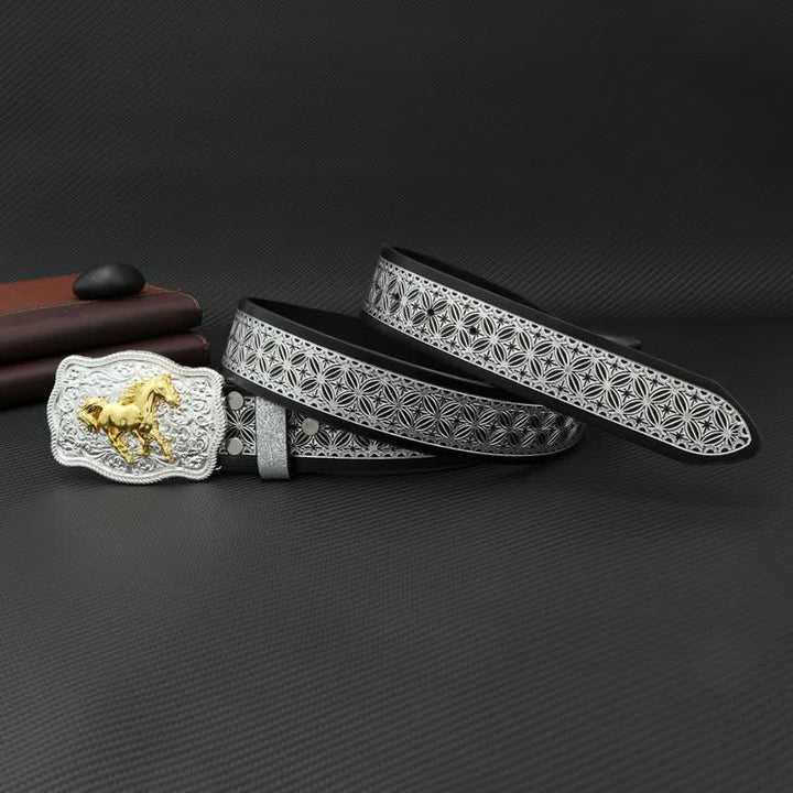 Men's Running Horse Silver Weave Embossed Leather Belt - image 3