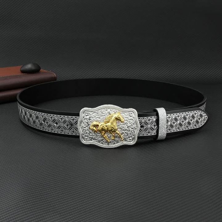 Men's Running Horse Silver Weave Embossed Leather Belt - image 2