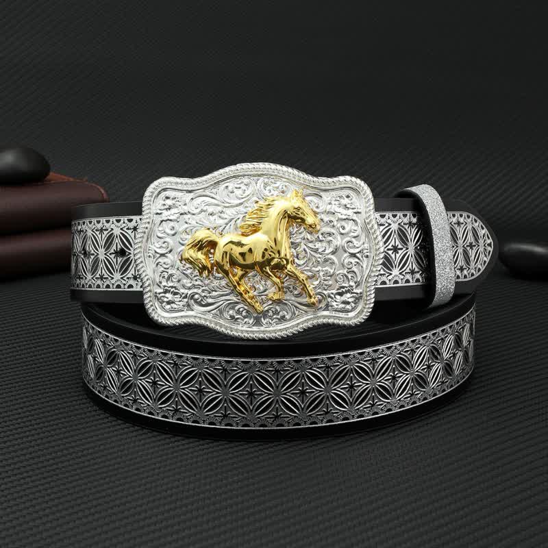 Men's Running Horse Silver Weave Embossed Leather Belt - Horse - 42 - image 0
