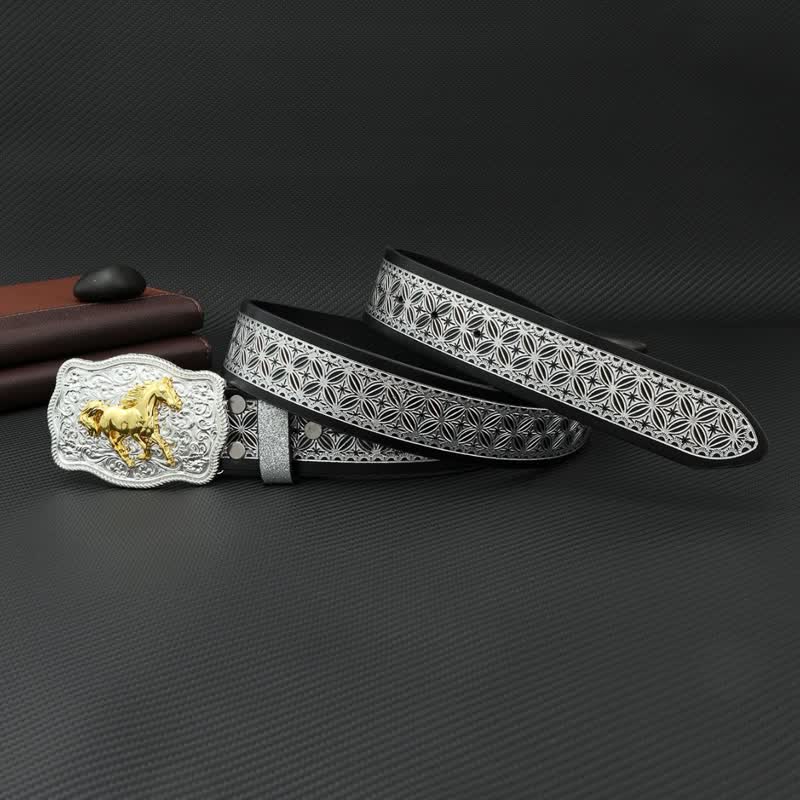 Men's Running Horse Silver Weave Embossed Leather Belt - image 3