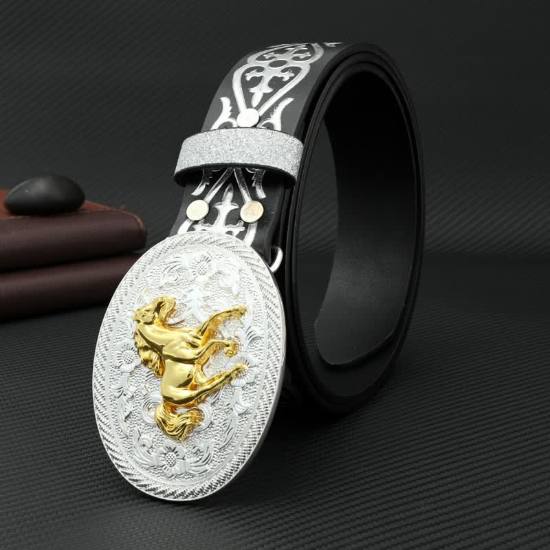 Men's Round Running Horse Silver Embossed Leather Belt - image 1