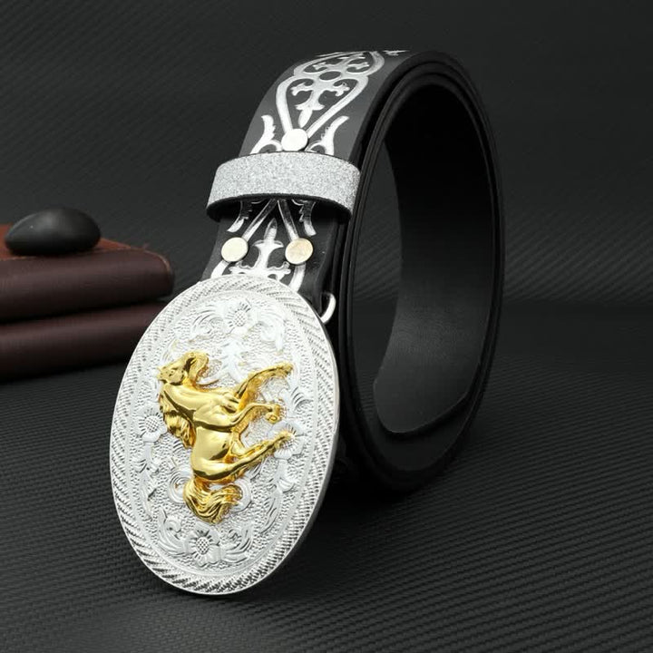 Men's Round Running Horse Silver Embossed Leather Belt - image 1