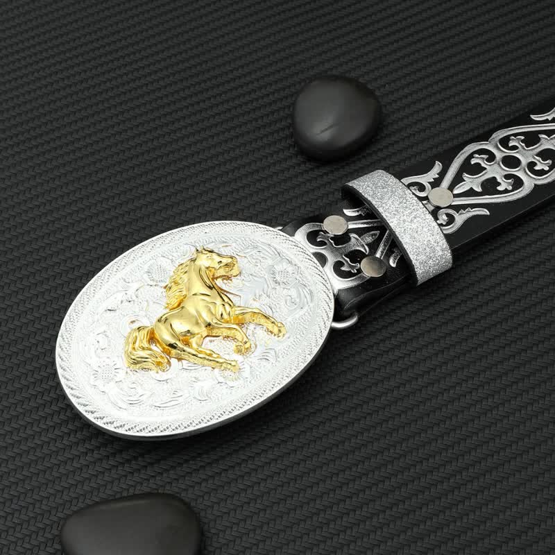 Men's Round Running Horse Silver Embossed Leather Belt - image 4