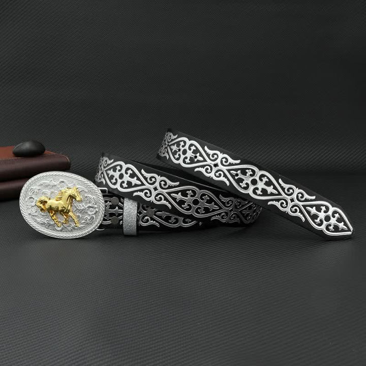 Men's Round Running Horse Silver Embossed Leather Belt - image 3