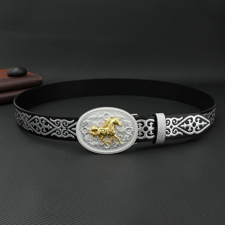 Men's Round Running Horse Silver Embossed Leather Belt - image 2