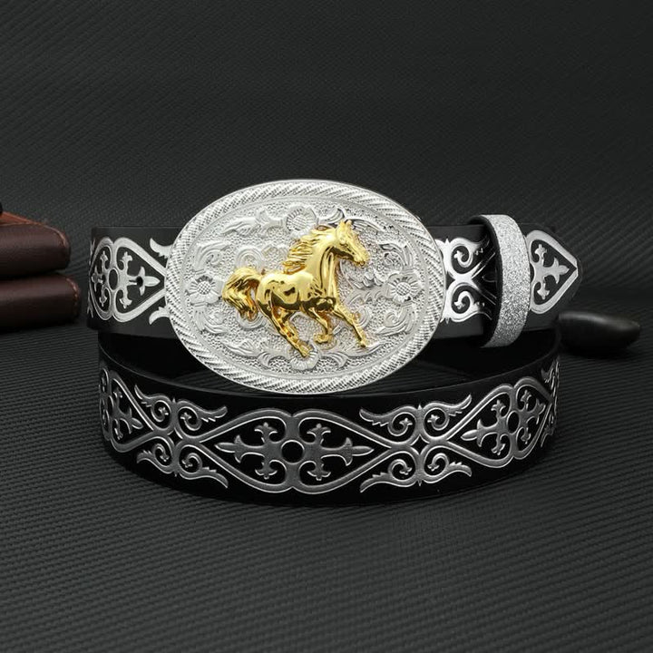 Men's Round Running Horse Silver Embossed Leather Belt - Horse - 42 - image 0