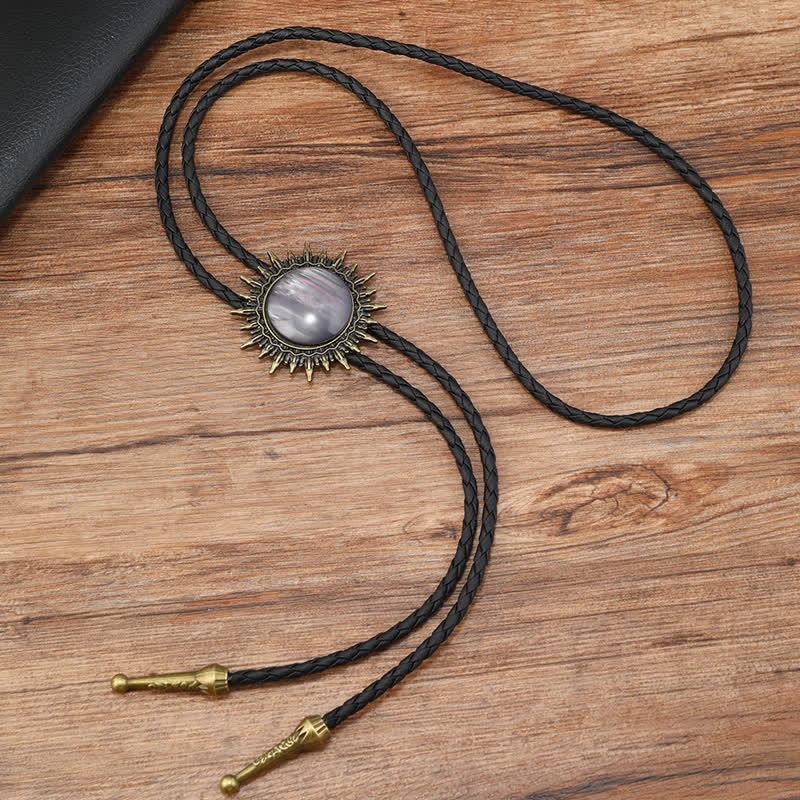 Cowboy Round Resin Gemstones Pendant Bolo Tie - Gray - image 2