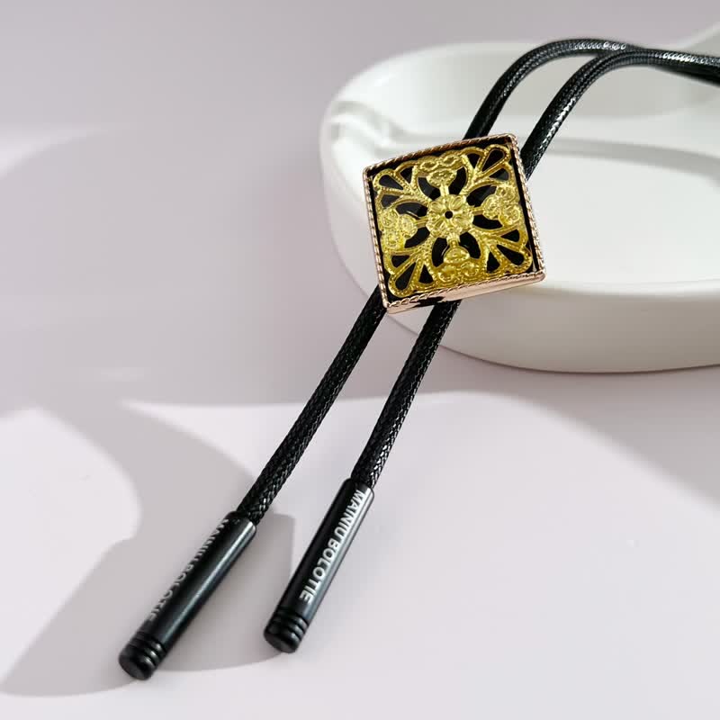 Gold Flower Pattern Diamond Shape Bolo Tie - image 2