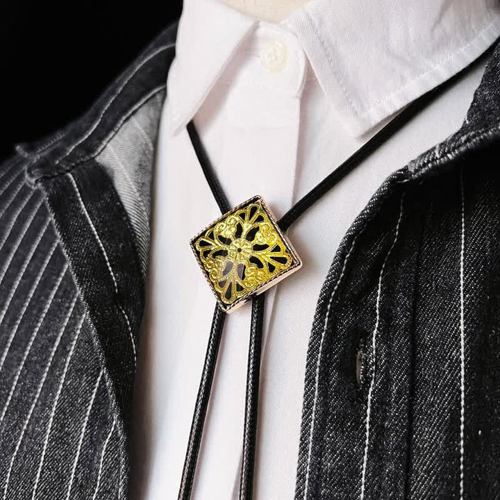 Gold Flower Pattern Diamond Shape Bolo Tie - Gold - image 0
