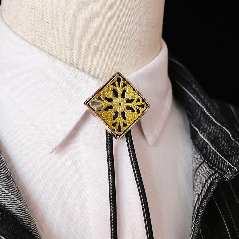 Gold Flower Pattern Diamond Shape Bolo Tie - image 1