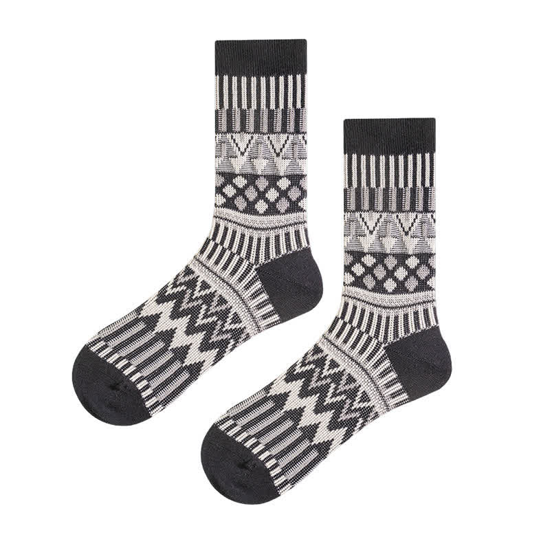 Colored Tribal-Like Pattern Cotton Socks - Black - 6 Pairs - One Size (US 6 - US 10) - image 13
