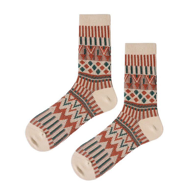 Colored Tribal-Like Pattern Cotton Socks - Beige - 6 Pairs - One Size (US 6 - US 10) - image 8