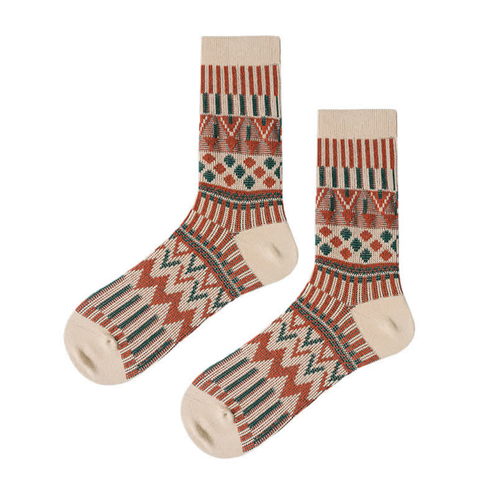 Colored Tribal-Like Pattern Cotton Socks - Beige - 6 Pairs - One Size (US 6 - US 10) - image 8