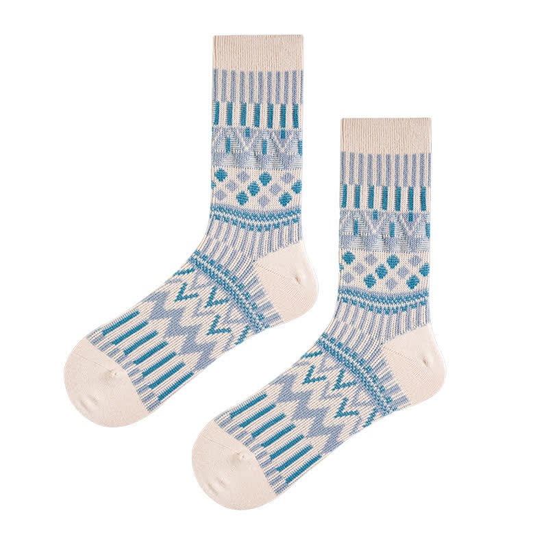 Colored Tribal-Like Pattern Cotton Socks - Light Blue - 6 Pairs - One Size (US 6 - US 10) - image 18