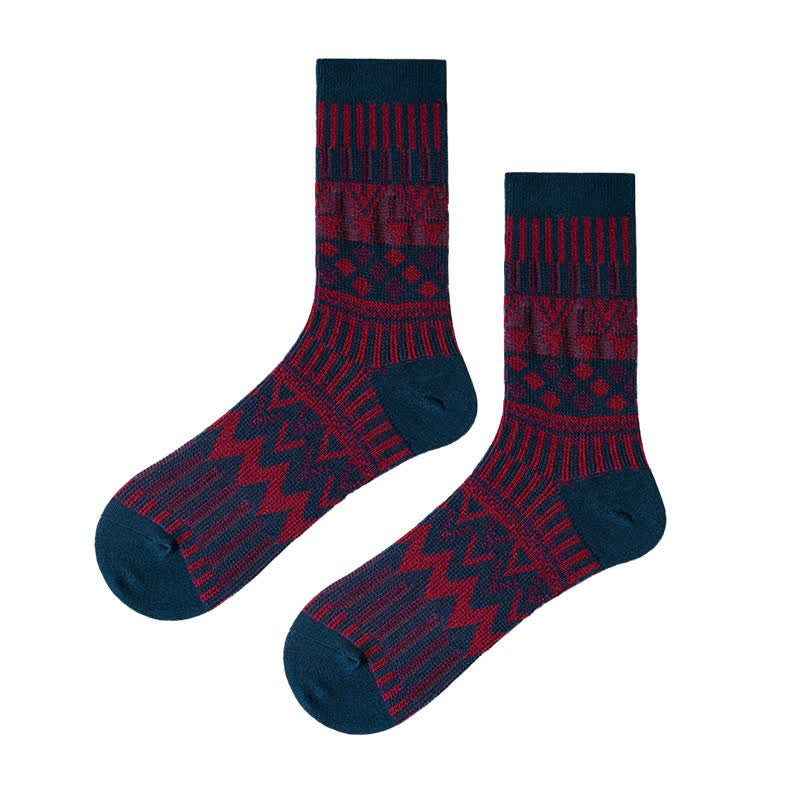 Colored Tribal-Like Pattern Cotton Socks - Navy - 6 Pairs - One Size (US 6 - US 10) - image 12