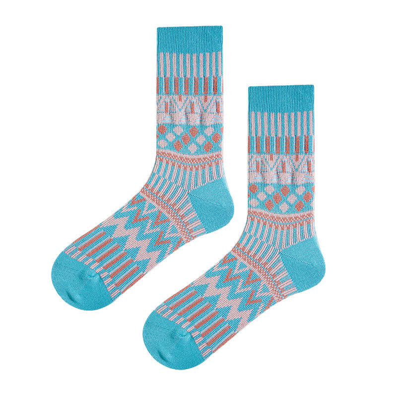 Colored Tribal-Like Pattern Cotton Socks - Blue - 6 Pairs - One Size (US 6 - US 10) - image 15