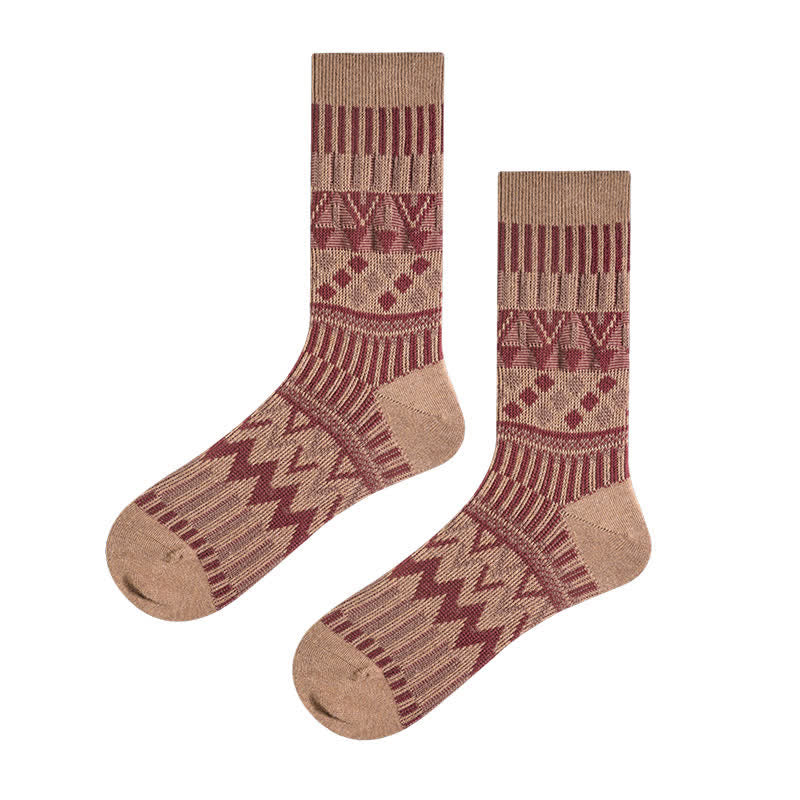 Colored Tribal-Like Pattern Cotton Socks - Coffee - 6 Pairs - One Size (US 6 - US 10) - image 17