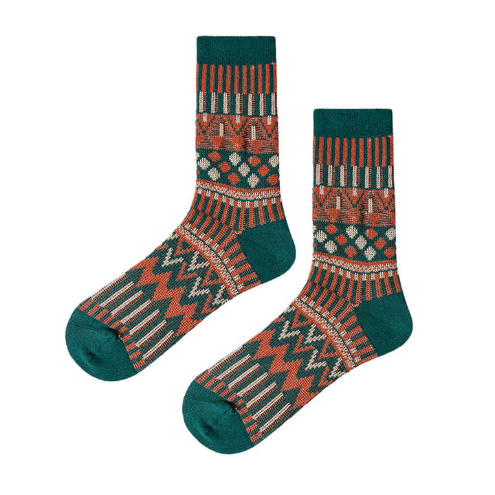 Colored Tribal-Like Pattern Cotton Socks - Dark Green - 6 Pairs - One Size (US 6 - US 10) - image 2