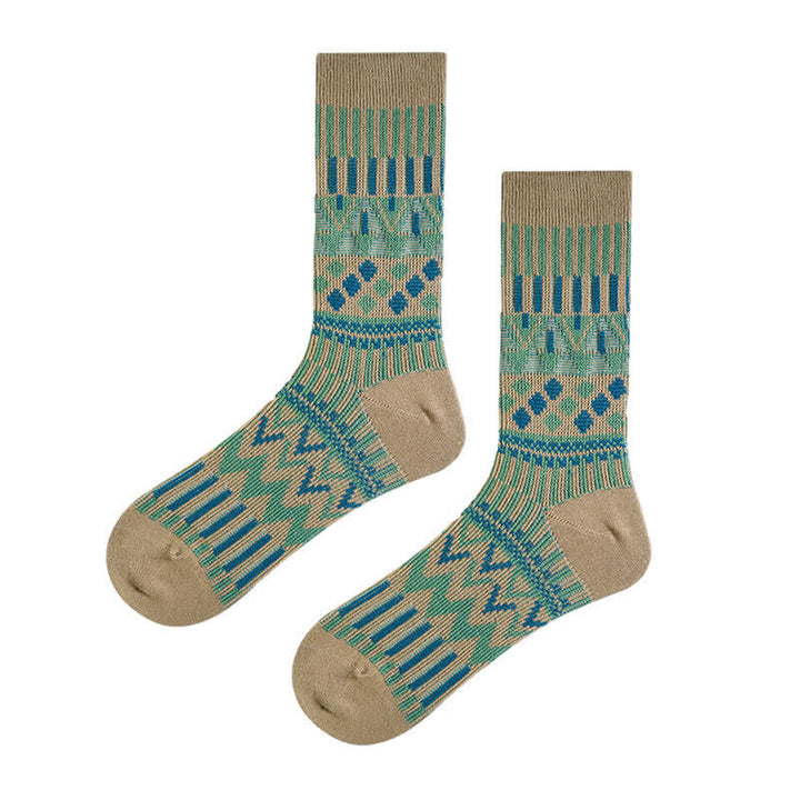 Colored Tribal-Like Pattern Cotton Socks - Olive - 6 Pairs - One Size (US 6 - US 10) - image 16