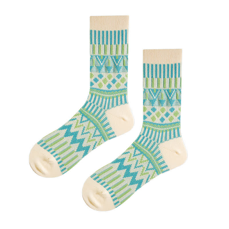 Colored Tribal-Like Pattern Cotton Socks - Green - 6 Pairs - One Size (US 6 - US 10) - image 14