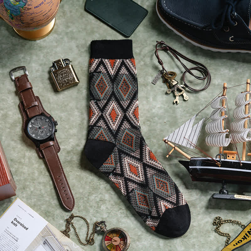 Trendy Funny Mosaic Diamond Cotton Socks - image 3