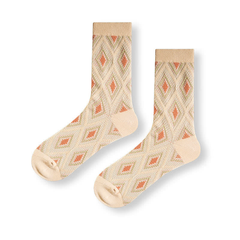 Trendy Funny Mosaic Diamond Cotton Socks - Beige - 6 Pairs - One Size (US 6 - US 10) - image 15