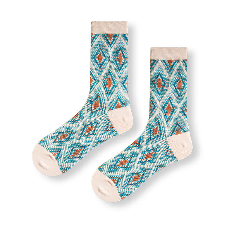 Trendy Funny Mosaic Diamond Cotton Socks - Blue - 6 Pairs - One Size (US 6 - US 10) - image 11