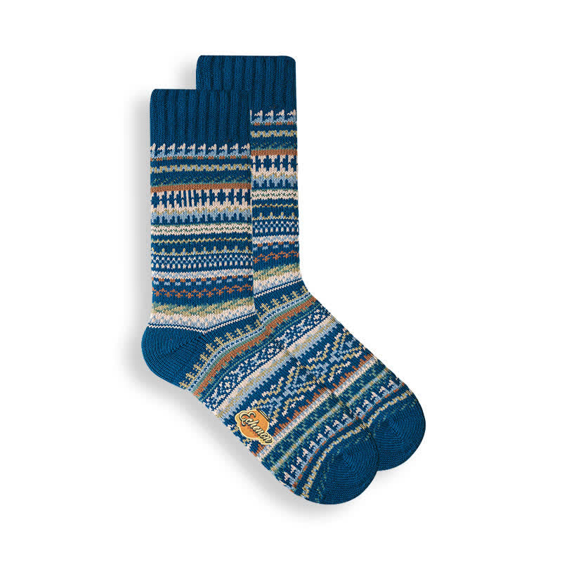 Men's Ethnic Style Geometric Pattern Cotton Socks - Blue - 6 Pairs - One Size (US 6.5 - US 10) - image 1