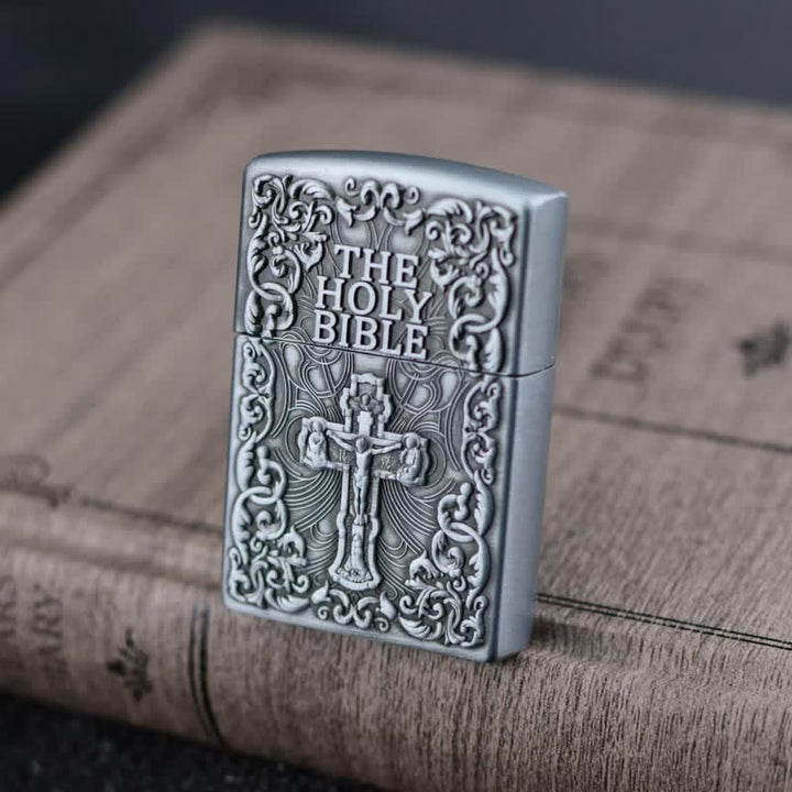 The Holy Bible Cross Grinding Wheel Refillable Butane Lighter - Silver - image 0