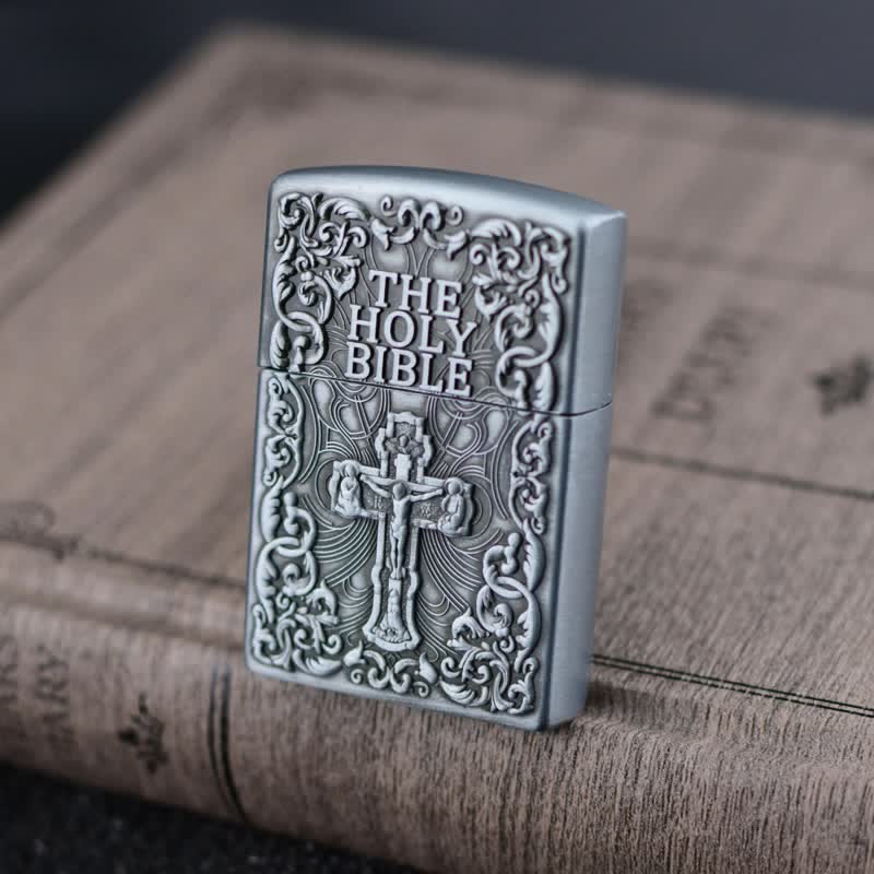 The Holy Bible Cross Grinding Wheel Refillable Butane Lighter - Silver - image 0