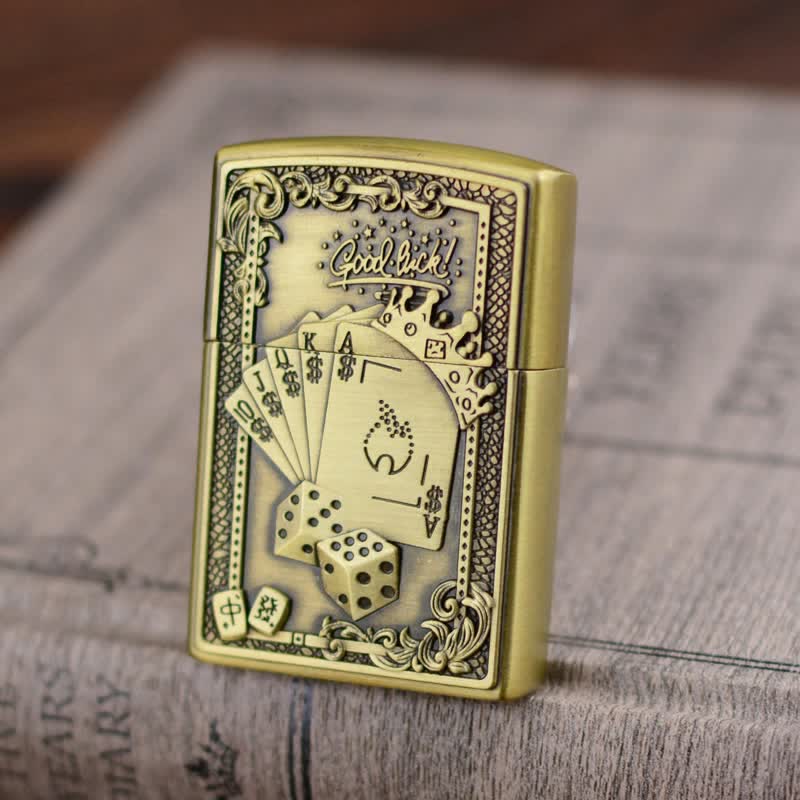 Lucky Poker Grinding Wheel Refillable Butane Lighter - Gold - image 0