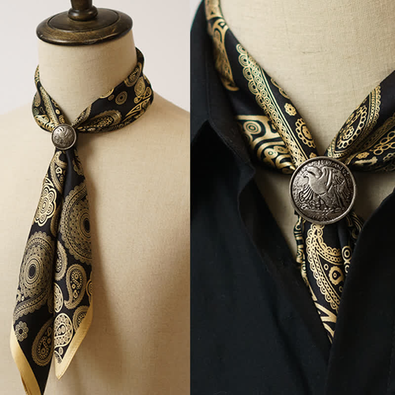 Black & Gold Luxury Paisley Square Scarf with Scarf Buckle - Black & Gold - image 0