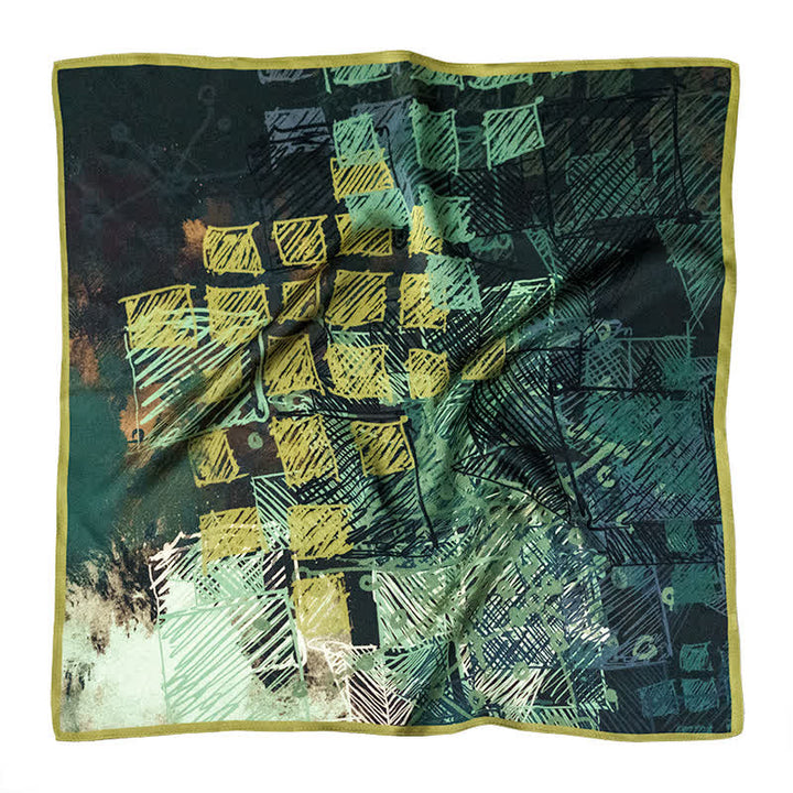 Forest Green Checkered Graffiti Square Scarf with Scarf Buckle - image 1