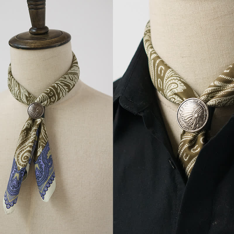 Exotic Paisley Printed Square Scarf with Scarf Buckle - Olive - image 0