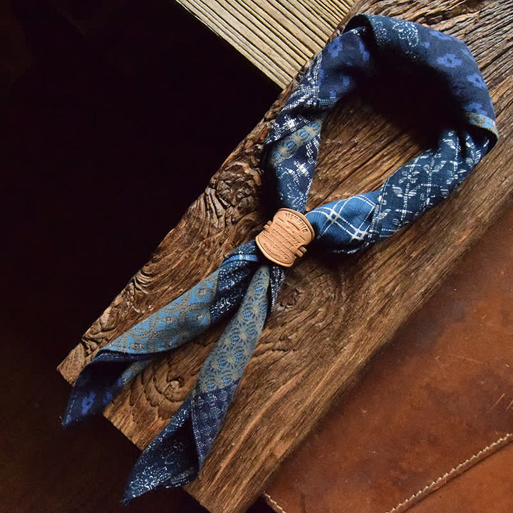 Blue Patchwork Square Scarf with Leather Scarf Buckle - Blue - Style #1 - image 8