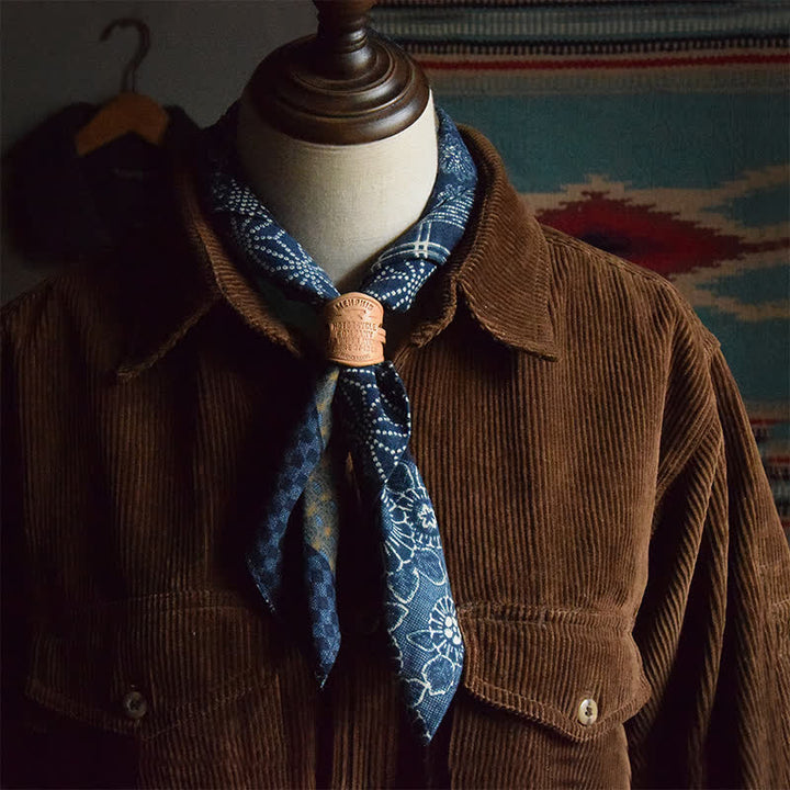Blue Patchwork Square Scarf with Leather Scarf Buckle - image 0