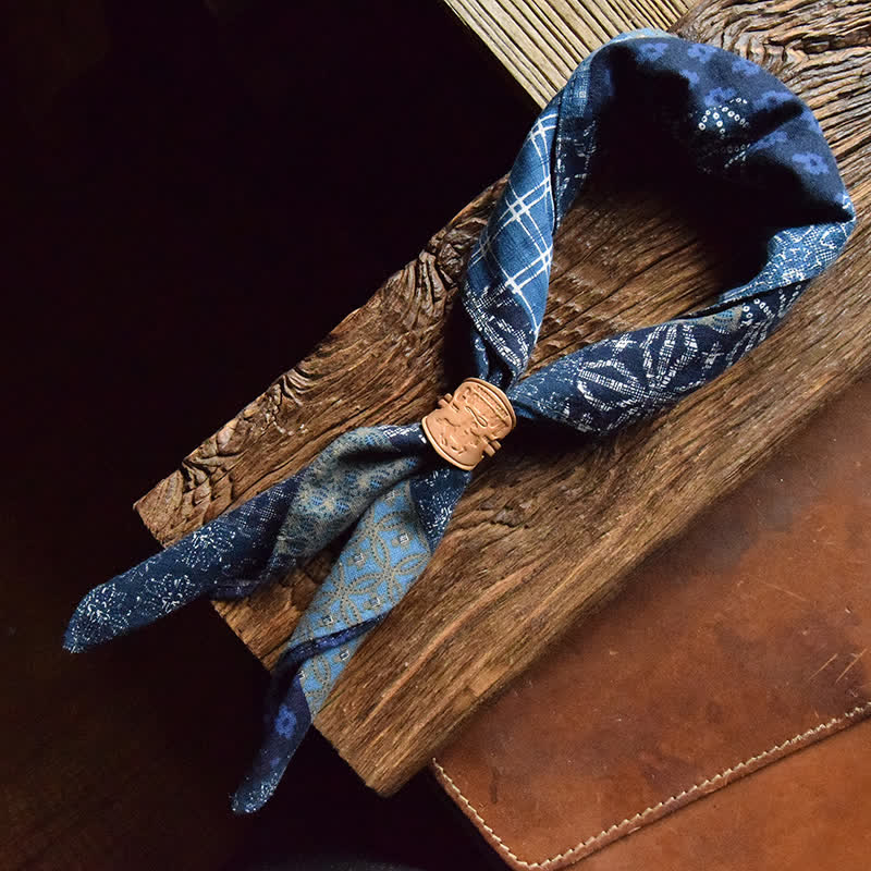 Blue Patchwork Square Scarf with Leather Scarf Buckle - Blue - Style #2 - image 9